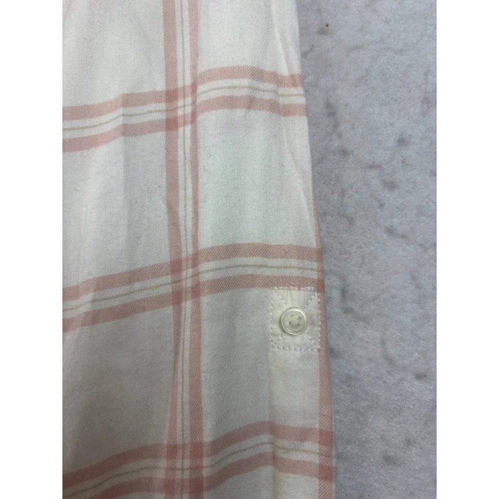 Lands End Pink Ivory Cotton Flannel Plaid Shirt Sz 6 Pintucks Roll Tab Sleeve